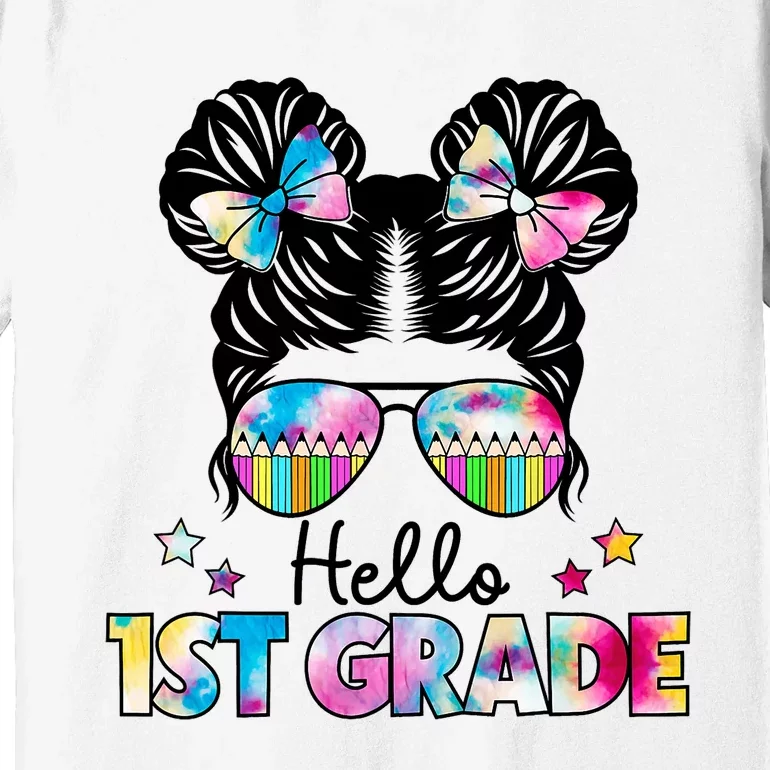 First Day Of School Hello First Grade Shirts Girl Messy Bun Premium T-Shirt