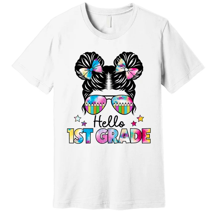 First Day Of School Hello First Grade Shirts Girl Messy Bun Premium T-Shirt