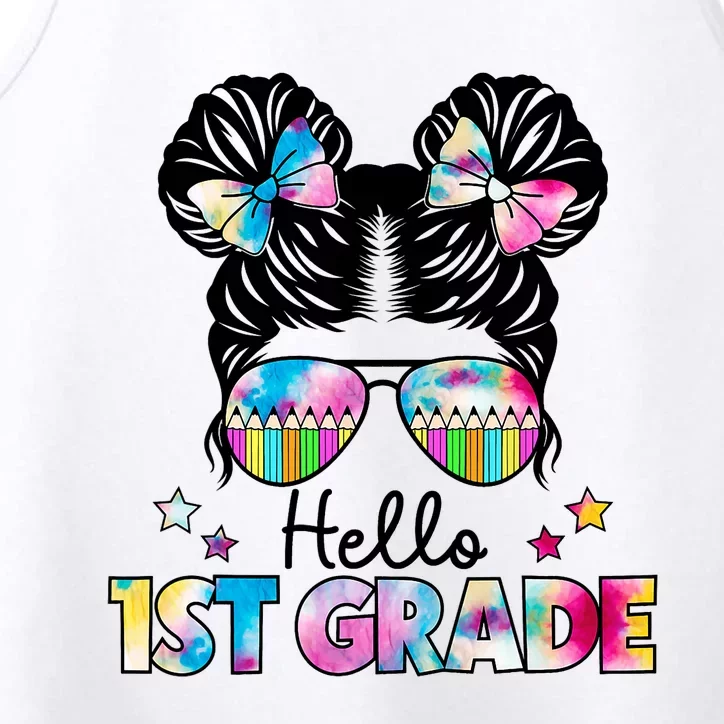 First Day Of School Hello First Grade Shirts Girl Messy Bun Performance Tank