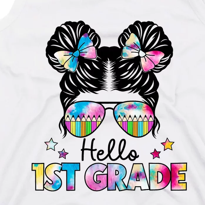 First Day Of School Hello First Grade Shirts Girl Messy Bun Tank Top