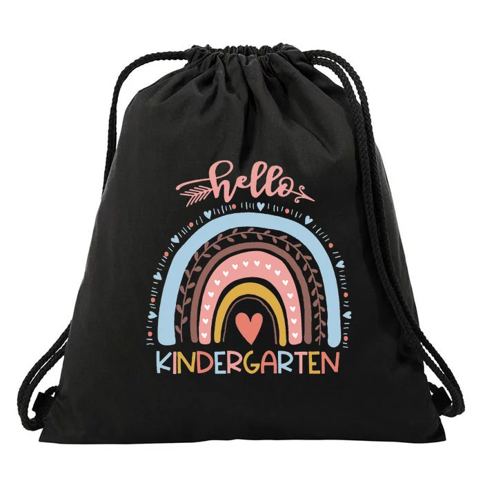 First Day of School Hello Kindergarten Teacher Rainbow Drawstring Bag