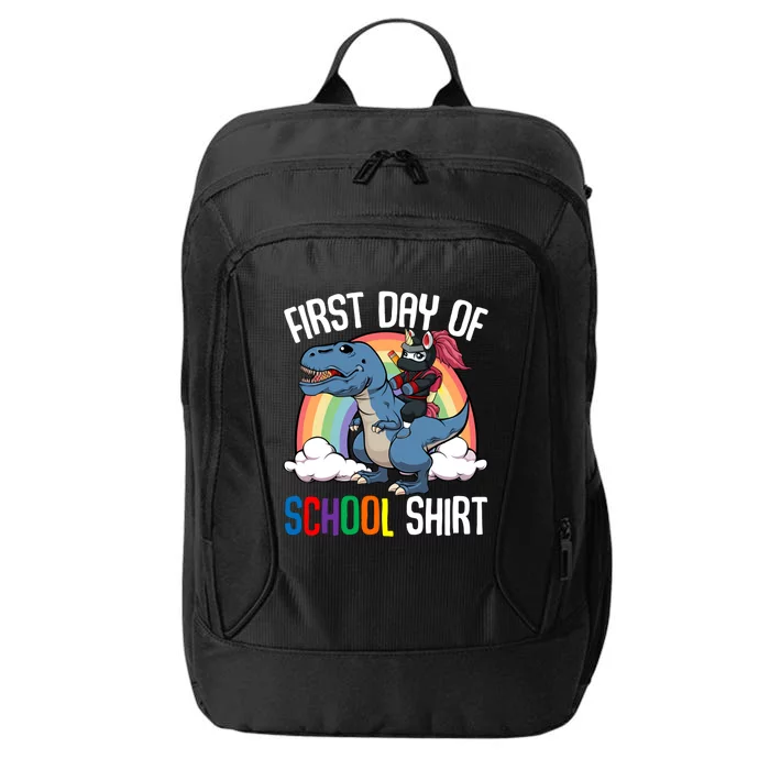 First Day Of School Back To School Unicorn Riding Dinosaur Funny Gift City Backpack