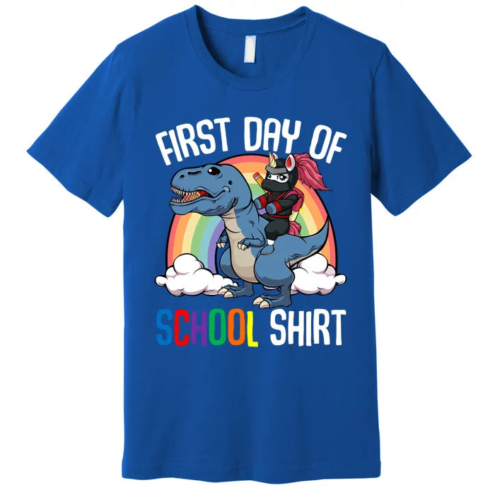 First Day Of School Back To School Unicorn Riding Dinosaur Funny Gift Premium T-Shirt