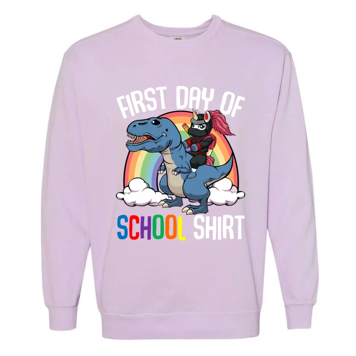 First Day Of School Back To School Unicorn Riding Dinosaur Funny Gift Garment-Dyed Sweatshirt