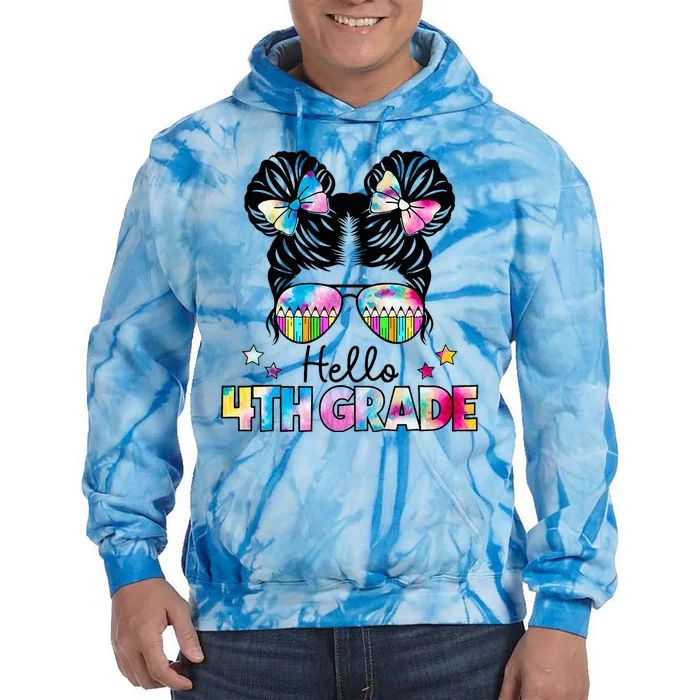 First Day Of School Hello 4th Grade Messy Bun Tie Dye Hoodie