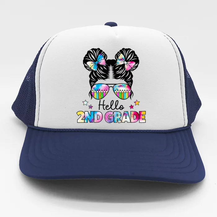 First Day Of School Hello 2nd Grade Messy Bun Trucker Hat