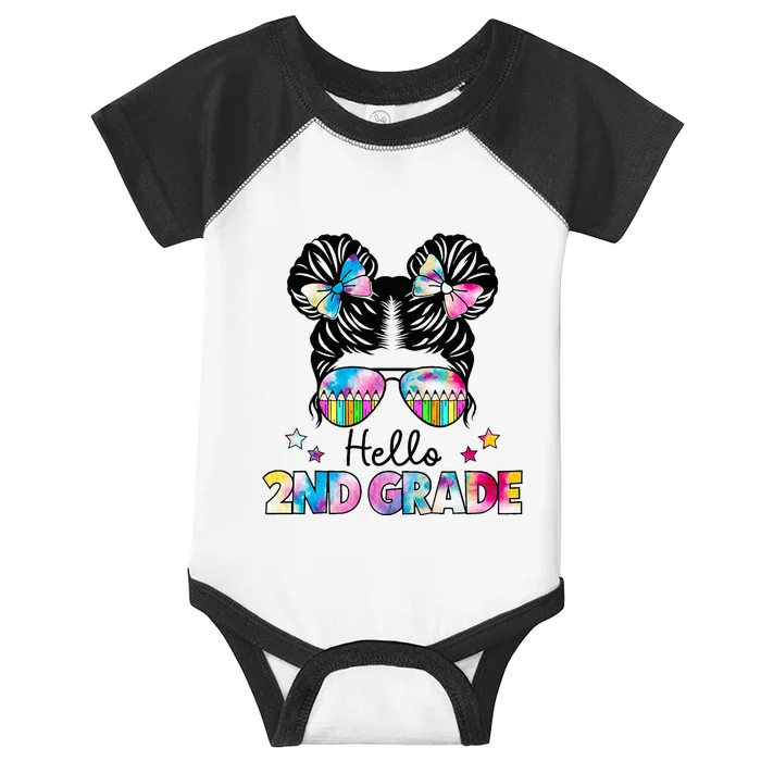 First Day Of School Hello 2nd Grade Messy Bun Infant Baby Jersey Bodysuit