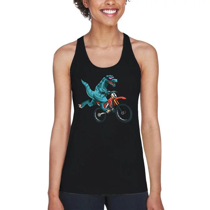 Funny Dino On Dirt Bike TRex Lover Rider Motorcycle Riding Women's Racerback Tank