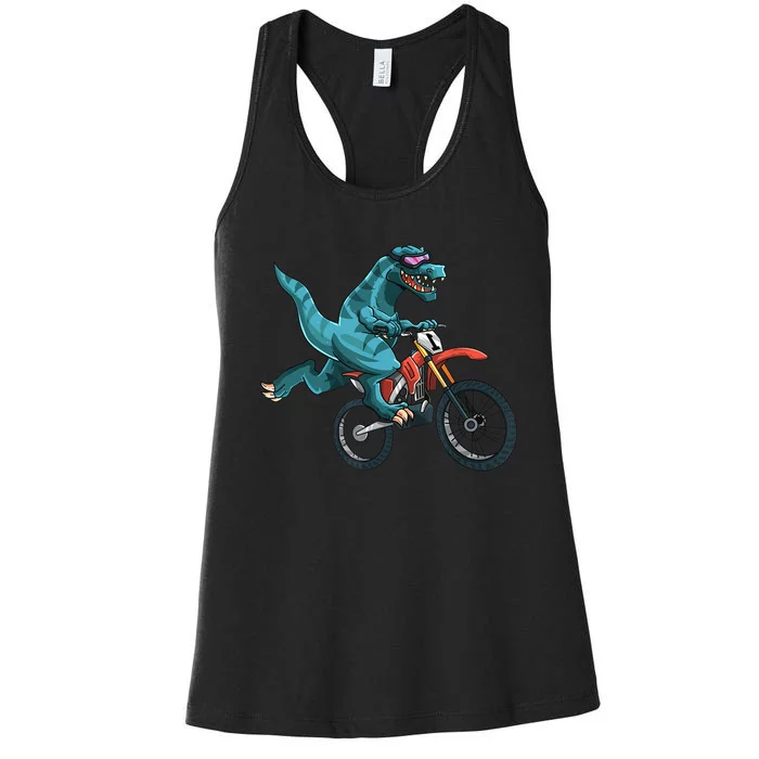 Funny Dino On Dirt Bike TRex Lover Rider Motorcycle Riding Women's Racerback Tank