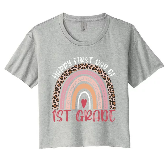 First Day Of 1St Grade Leopard Rainbow First Grade Teacher Gift Women's Crop Top Tee