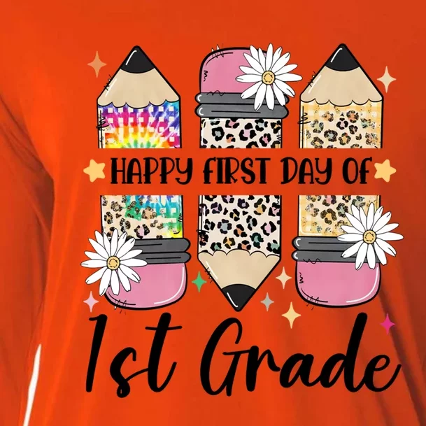 First Day Of 1St Grade Teacher Leopard Pencil Back To School Cool Gift Cooling Performance Long Sleeve Crew