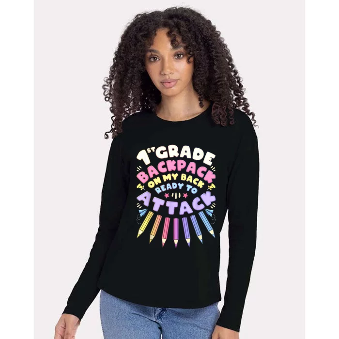 First Day Of School 1st Grade Girl Colored Pencils First Womens Cotton Relaxed Long Sleeve T-Shirt