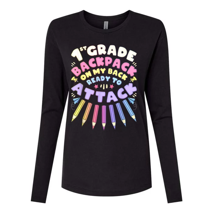 First Day Of School 1st Grade Girl Colored Pencils First Womens Cotton Relaxed Long Sleeve T-Shirt