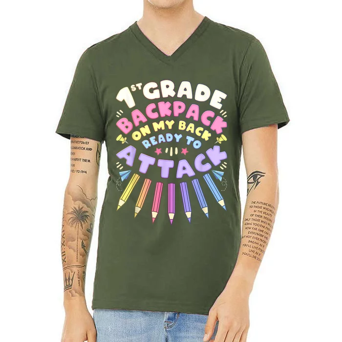 First Day Of School 1st Grade Girl Colored Pencils First V-Neck T-Shirt