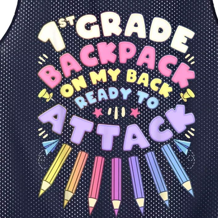 First Day Of School 1st Grade Girl Colored Pencils First Mesh Reversible Basketball Jersey Tank