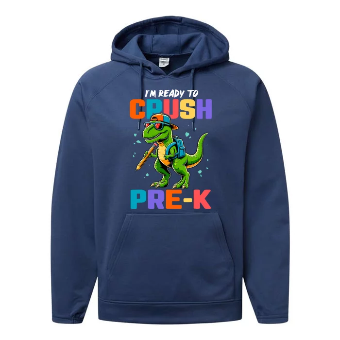 First Day Of Prek Boy Dinosaur Back To School Performance Fleece Hoodie