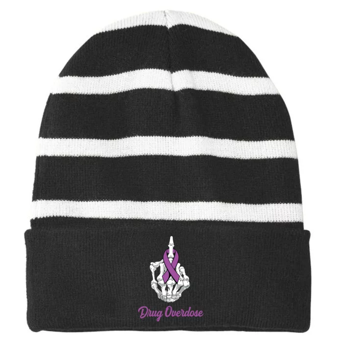 Fuck Drug Overdose Skeleton Hand Purple Ribbon Warrior Striped Beanie with Solid Band