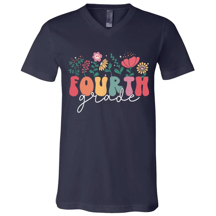 First Day Of 4th Grade Back To School Groovy Flower V-Neck T-Shirt