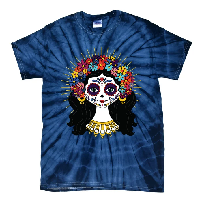 Funny Day Of The Dead Costume La Catrina Skull Flowers Tie-Dye T-Shirt