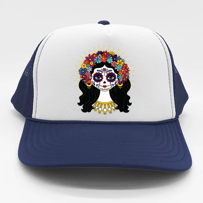 Funny Day Of The Dead Costume La Catrina Skull Flowers Trucker Hat