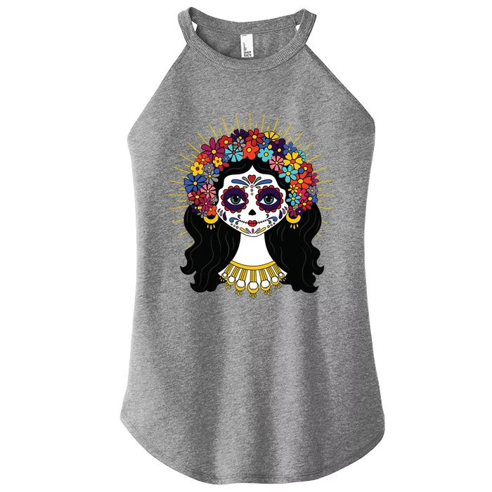 Funny Day Of The Dead Costume La Catrina Skull Flowers Women’s Perfect Tri Rocker Tank