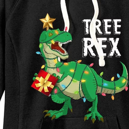 Festive Dino PJs Christmas Tree Rex Surprise Women's Fleece Hoodie