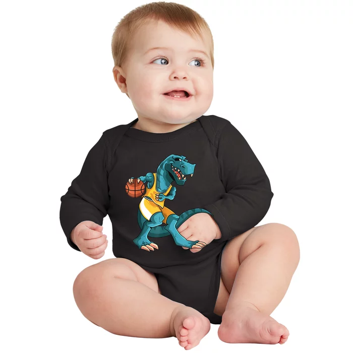 Funny Dino Playing Basketball TRex Lover Player Baby Long Sleeve Bodysuit