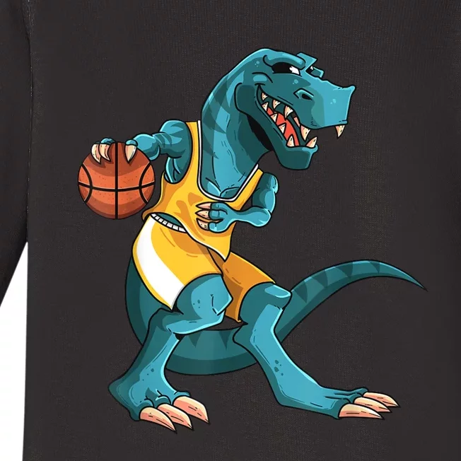 Funny Dino Playing Basketball TRex Lover Player Baby Long Sleeve Bodysuit