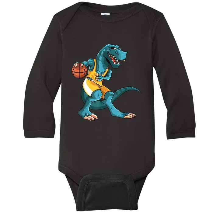 Funny Dino Playing Basketball TRex Lover Player Baby Long Sleeve Bodysuit