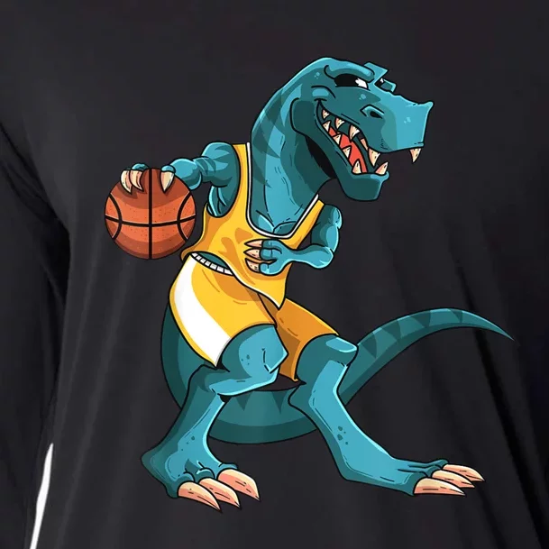 Funny Dino Playing Basketball TRex Lover Player Cooling Performance Long Sleeve Crew