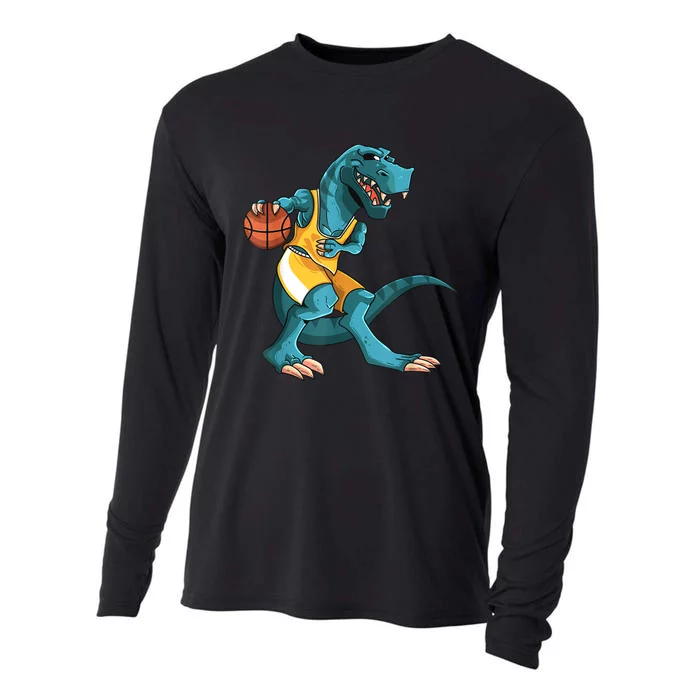 Funny Dino Playing Basketball TRex Lover Player Cooling Performance Long Sleeve Crew