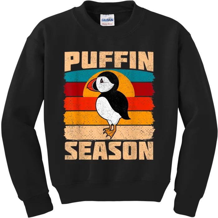 Funny Distressed Puffin Season Retro Vintage Sunset Kids Sweatshirt