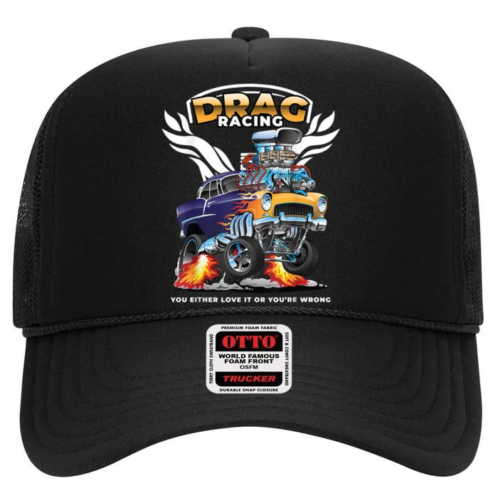 Funny Drag Racing High Crown Mesh Trucker Hat