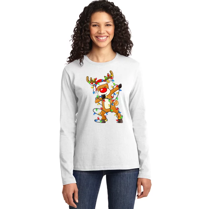 Festive Dabbing Reindeer Santa for Christmas Celebration Ladies Long Sleeve Shirt