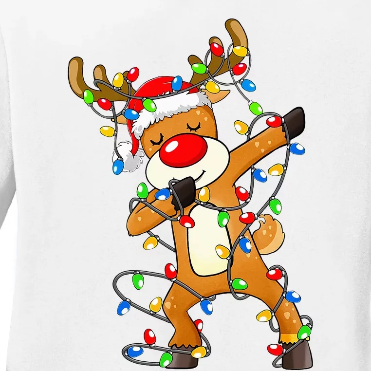 Festive Dabbing Reindeer Santa for Christmas Celebration Ladies Long Sleeve Shirt