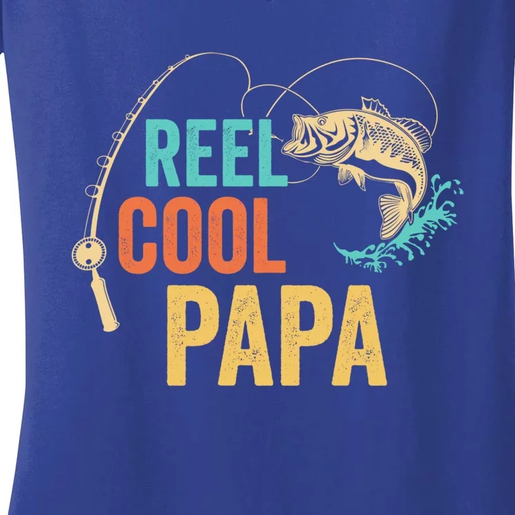 Fathers Day Reel Cool Papa Dad Grandpa PopPop Fishing Great Gift Women's V-Neck T-Shirt