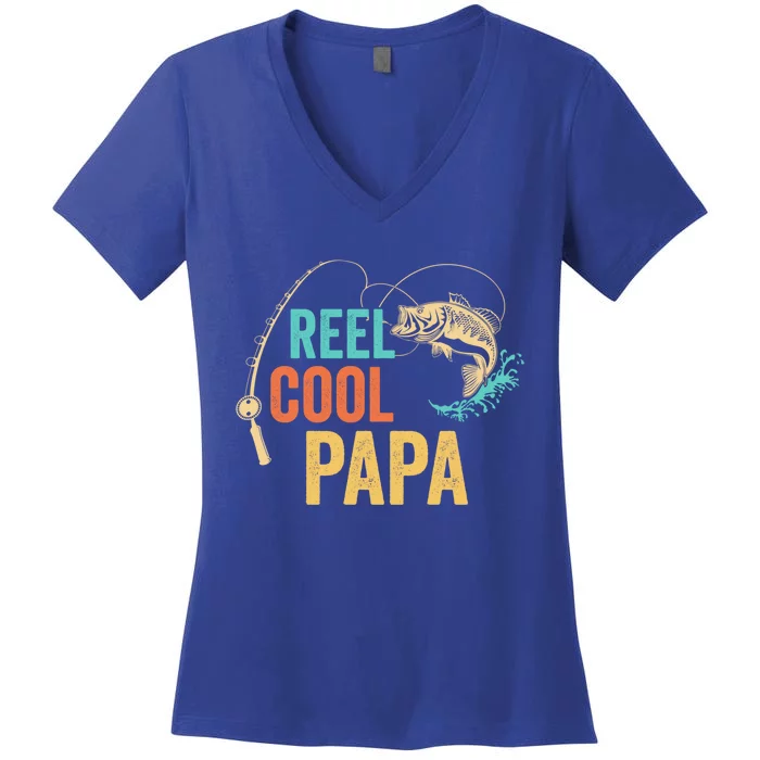 Fathers Day Reel Cool Papa Dad Grandpa PopPop Fishing Great Gift Women's V-Neck T-Shirt