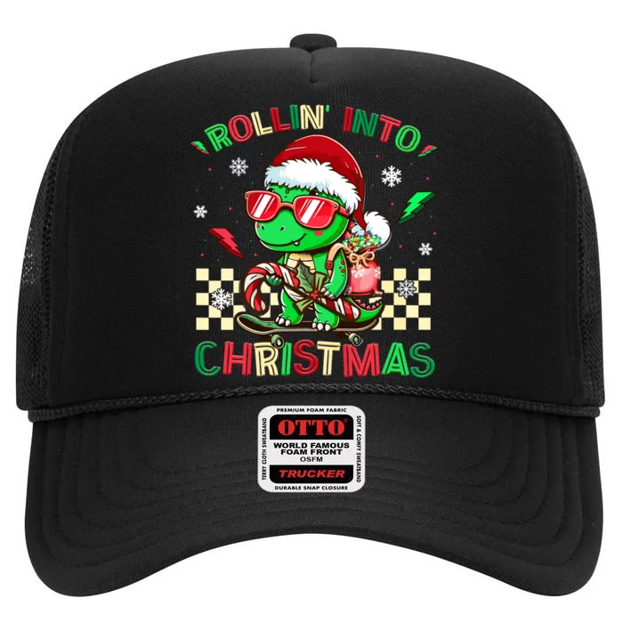 Funny Dinosaur Rollin Into Christmas Xmas Santa Boy High Crown Mesh Trucker Hat