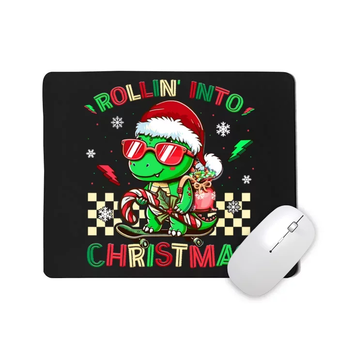 Funny Dinosaur Rollin Into Christmas Xmas Santa Boy Mousepad