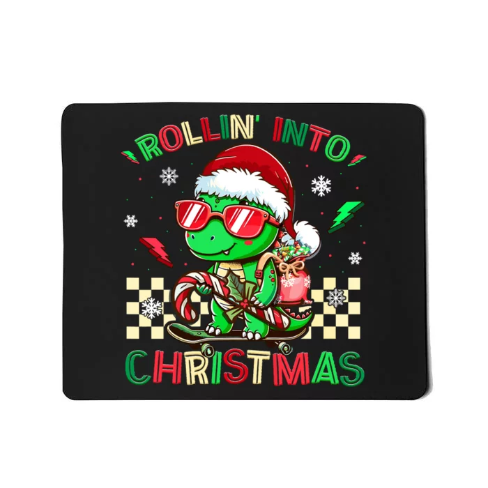 Funny Dinosaur Rollin Into Christmas Xmas Santa Boy Mousepad