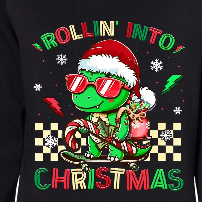 Funny Dinosaur Rollin Into Christmas Xmas Santa Boy Womens California Wash Sweatshirt