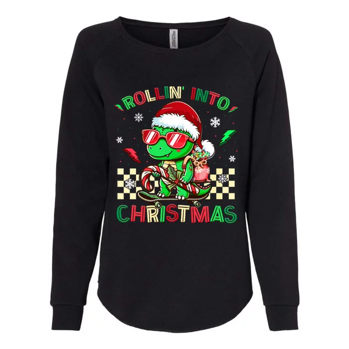 Funny Dinosaur Rollin Into Christmas Xmas Santa Boy Womens California Wash Sweatshirt