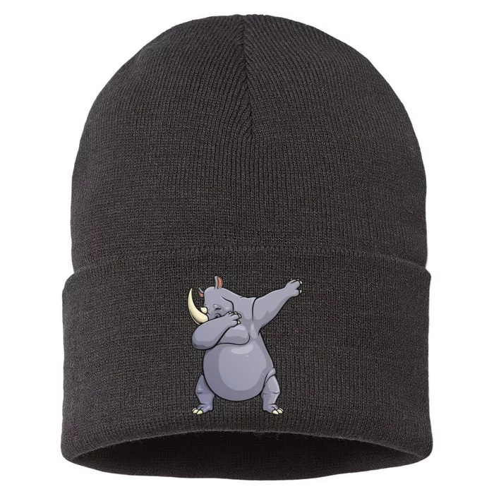 Funny Dabbing Rhinoceros Design For Rhino Lovers Sustainable Knit Beanie