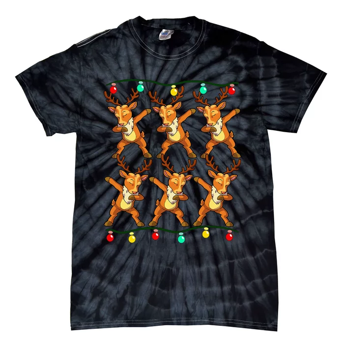 Festive Dabbing Reindeer with Xmas Lights Tie-Dye T-Shirt