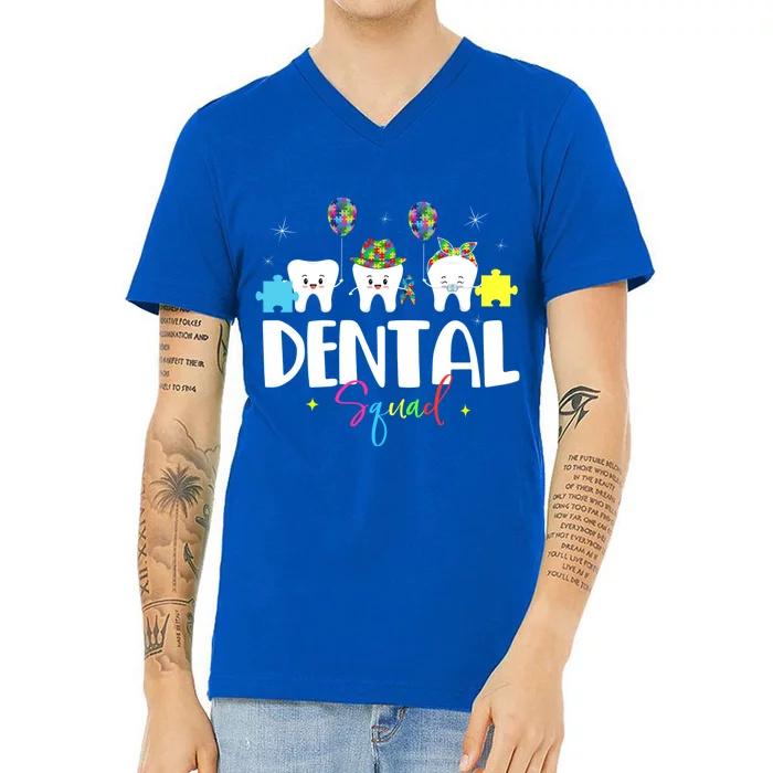 Funny Dental Squad Autism Awareness Day Tooth Ribbon Puzzle Gift V-Neck T-Shirt