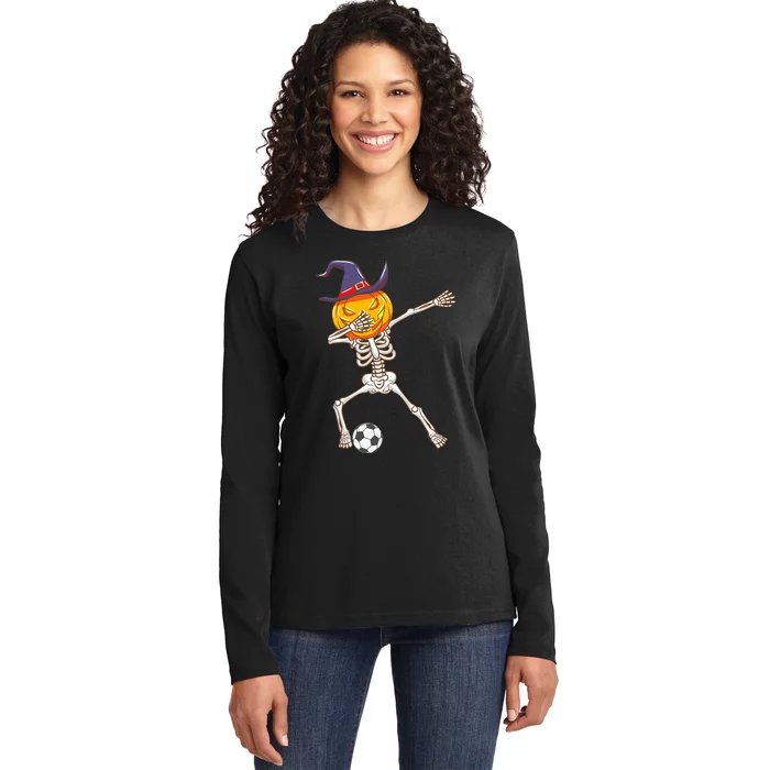 Funny Dabbing Skeleton Pumpkin Head Scary Witch Hat Soccer Ladies Long Sleeve Shirt