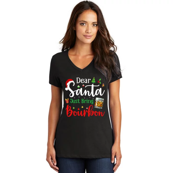 Funny Dear Santa Just Bring Bourbon Christmas Pajamas Women's V-Neck T-Shirt