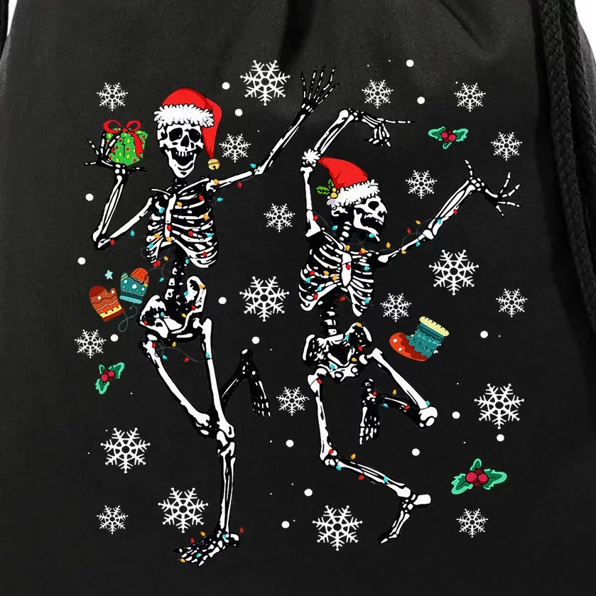 Festive Dancing Skeleton with Christmas Lights Drawstring Bag