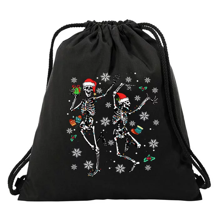 Festive Dancing Skeleton with Christmas Lights Drawstring Bag