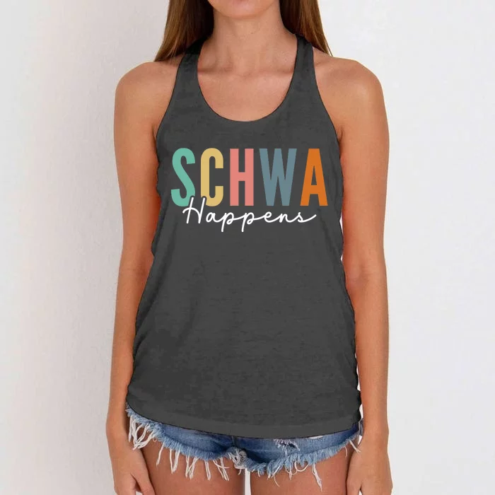 Funny Dyslexia Schwa Happens Speech Phonics Teacher Linguist Women's Knotted Racerback Tank